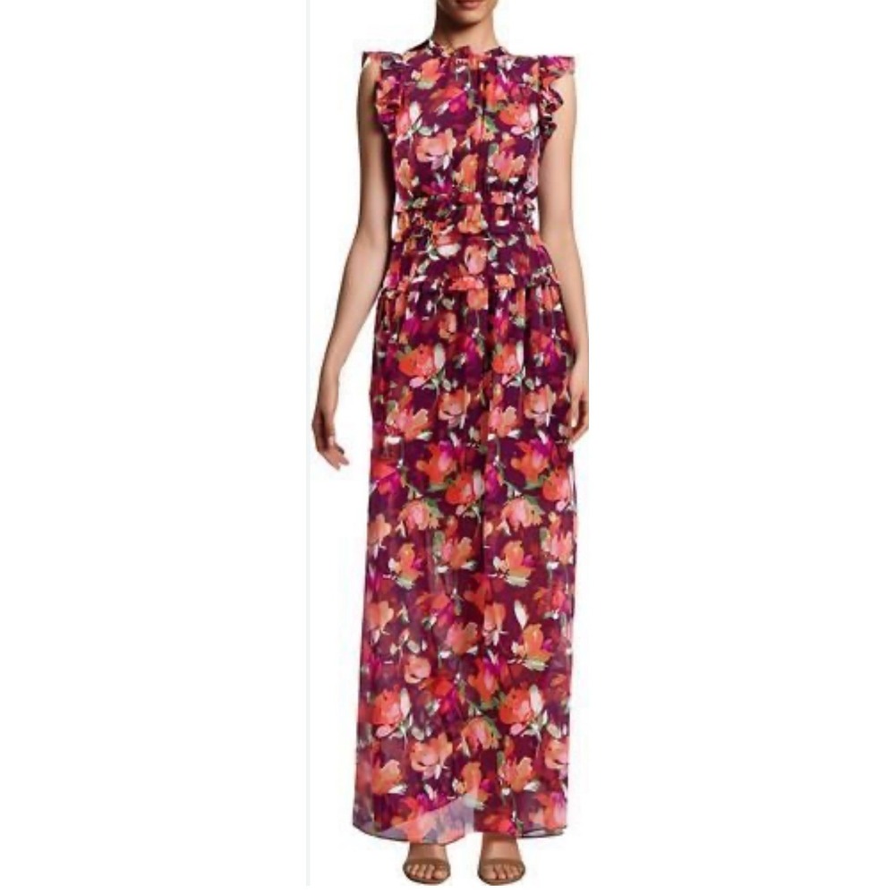 Vince Camuto Maxi Dress Floral Sleeveless Ruffle Burgundy Red Orange Size 4 NWT